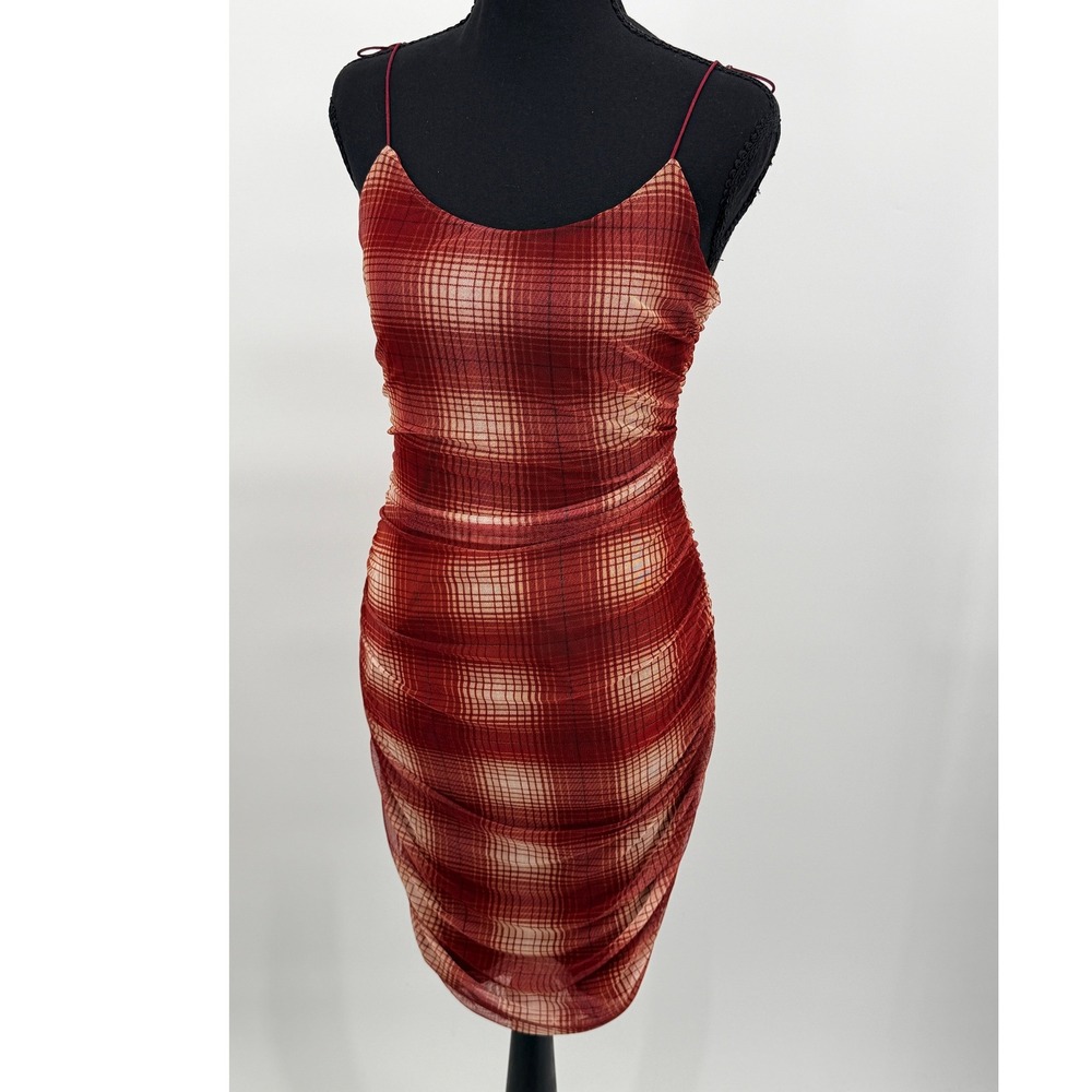 Forever 21 Bodycon Dress Women Large Burgundy Excellent Ruched Mesh Plaid Mini